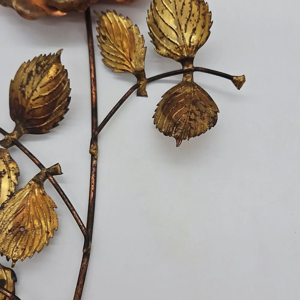 Gold Tone Brass & Copper Flower Roses Leaf Metal Wall Hanging Decor Set